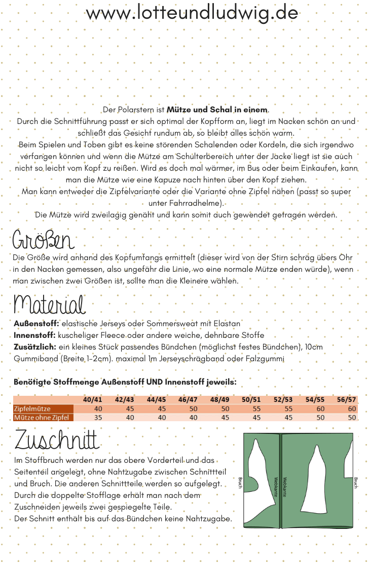 Papierschnittmuster Schlupfmütze Polarstern von Lotte & Ludwig KU 40/41 - 56/57