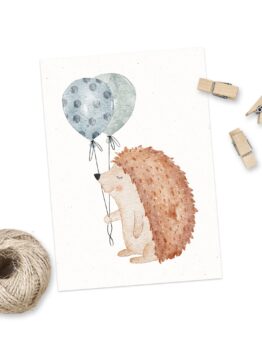 Postkarte Motiv Igeljunge mit Ballons