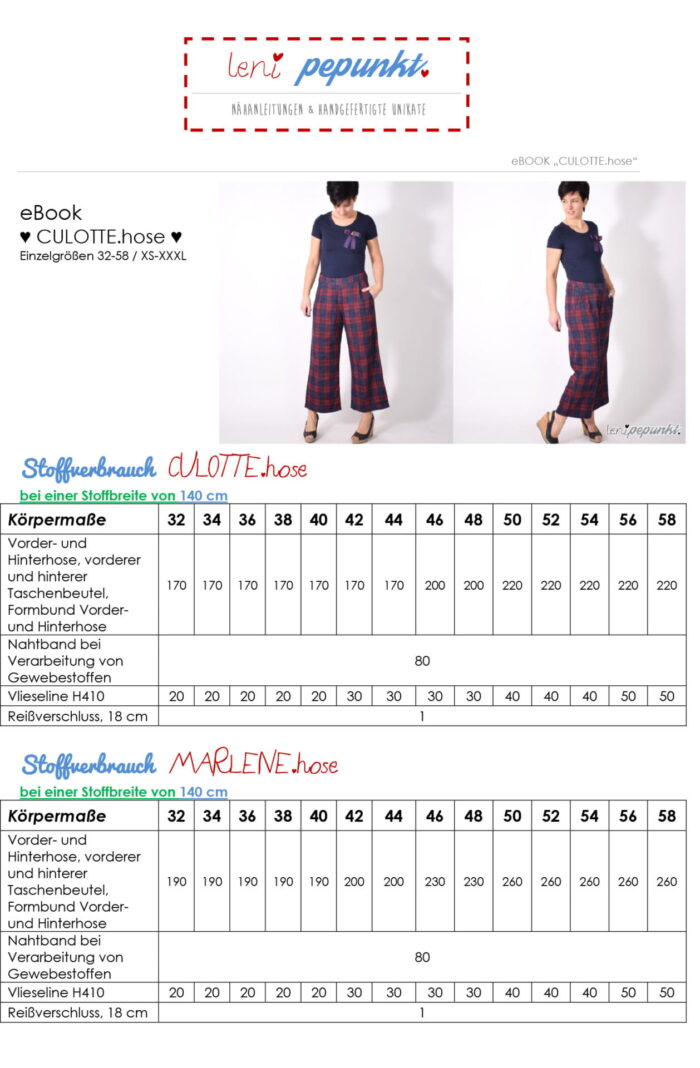 Papierschnittmuster Culotte Hose Gr. 32 - 58 von LeniPepunkt