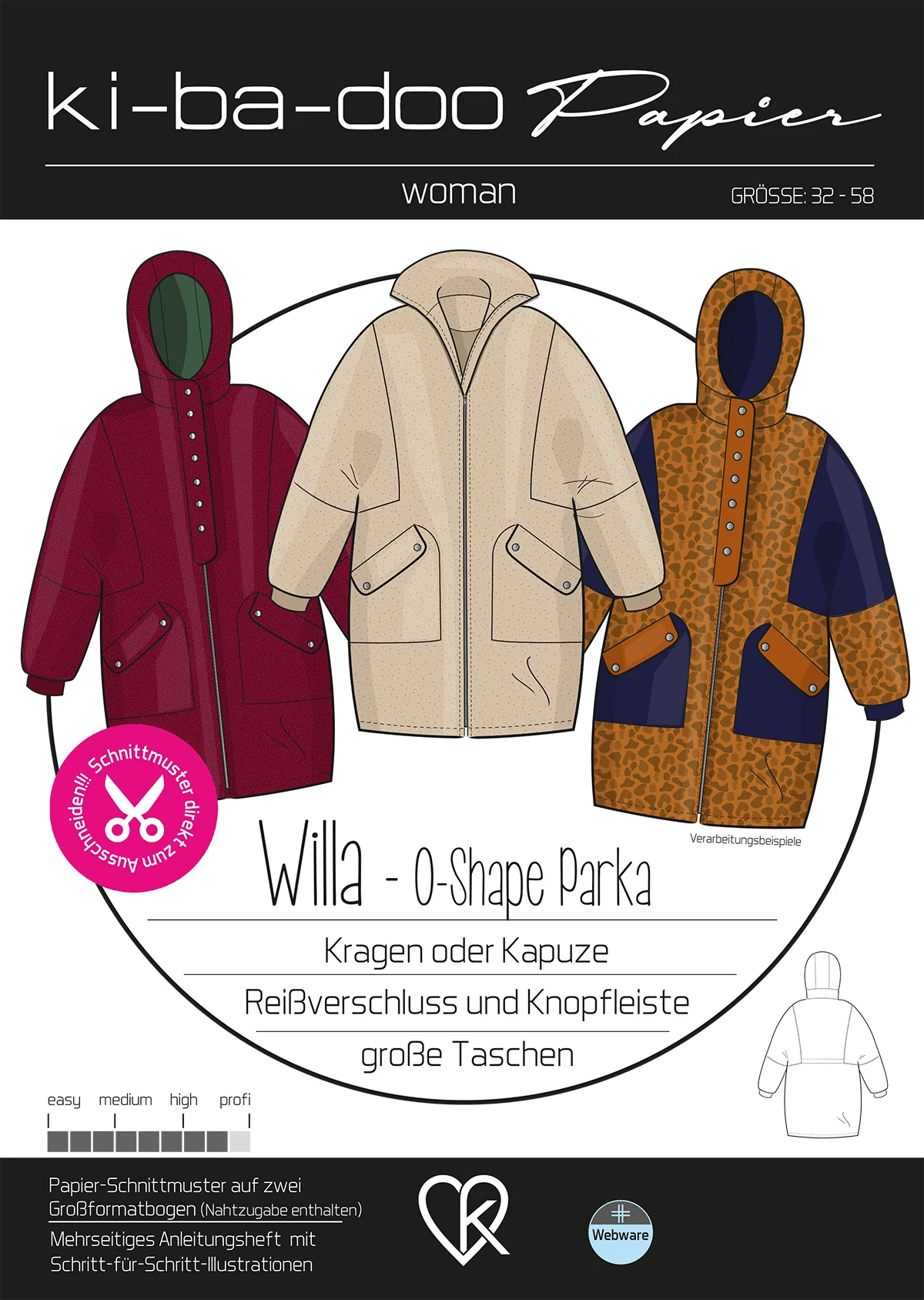 Damen Willa - O - Shape Parka Gr. 32-58 - DIN A 0 Schnittmuster und Anleitung als Broschüre