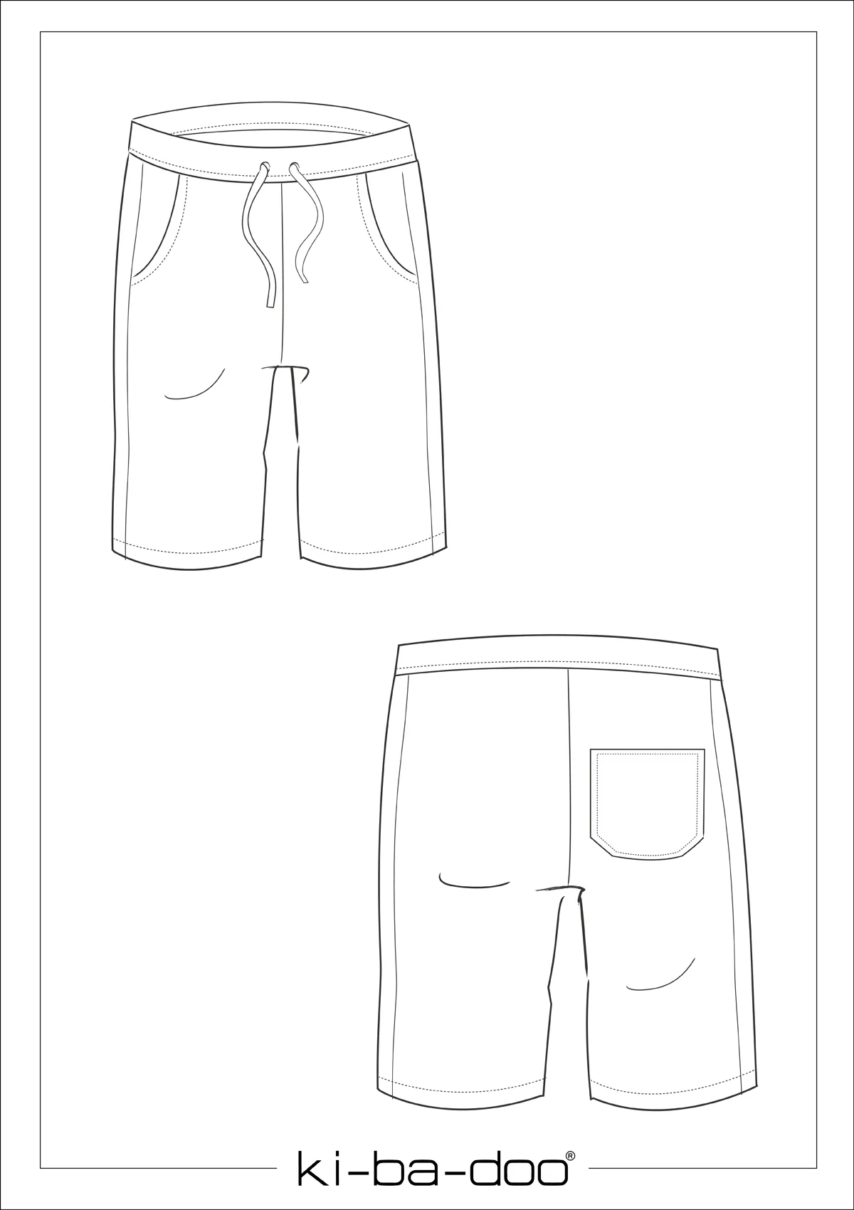 Front and back views of drawstring shorts with pockets, showing waistband, stitching details, and a back patch pocket; brand name at bottom.