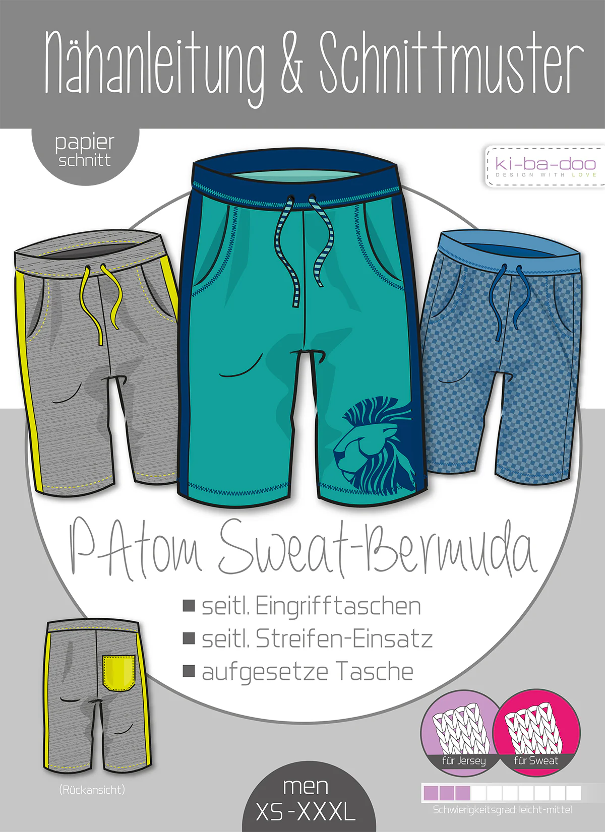 Sewing pattern and instructions for Bermuda shorts, showing three color versions (gray with yellow piping, teal with lion print, blue check) and size range Men XS–XXXL.