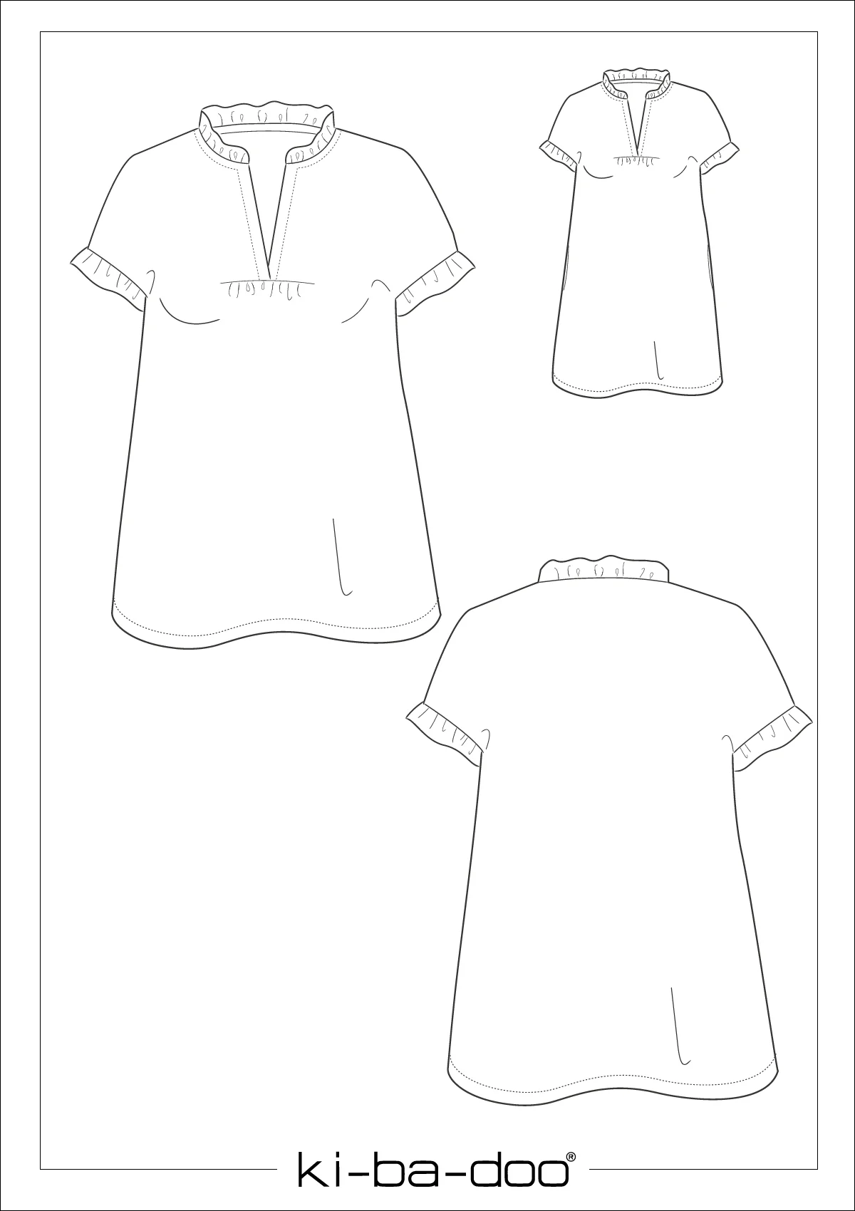 Pattern drawing of a short-sleeve tunic top with a ruffled collar and cuffs, shown in front and back views (ki-ba-doo).