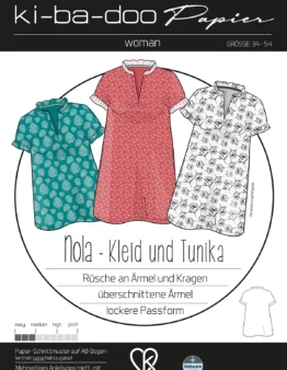Patterned tunics in teal, pink, and gray with leaf prints, labeled 'Nola - Kleid und Tunika' on a sewing pattern sheet.