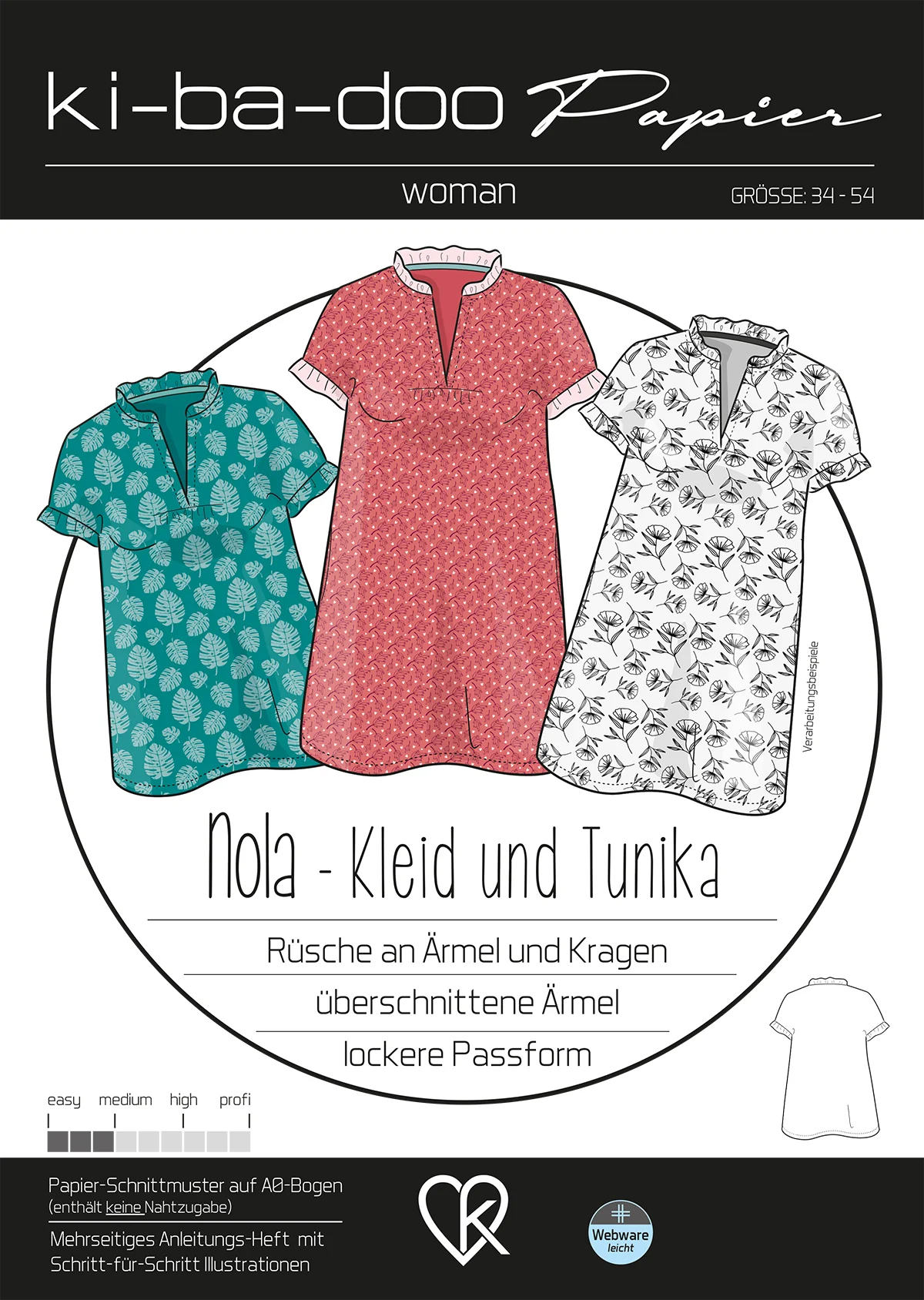Patterned tunics in teal, pink, and gray with leaf prints, labeled 'Nola - Kleid und Tunika' on a sewing pattern sheet.