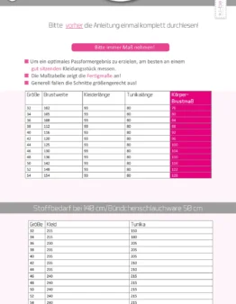 Infografik mit einer Maßtabelle: Größe, Brustweite, Kleiderlänge, Tunikalänge und Körperbrustmaß; pink hervorgehobene Spalte rechts der Tabelle.