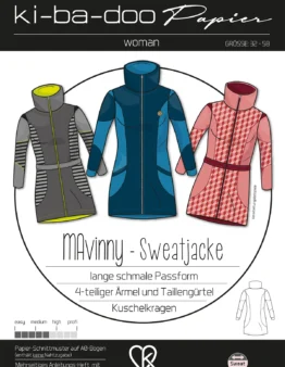 Pattern illustration for women's zip-front sweat jacket in three color schemes (gray, blue, pink) displayed in a circle; includes German title text 'Maviny - Sweatjacke'