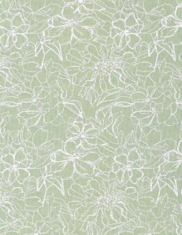 Intricate white floral lace pattern on a mint green fabric background.