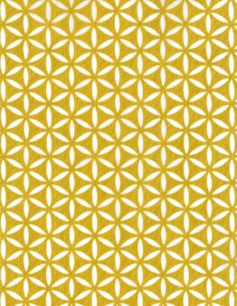 Decorative geometric pattern: white petal shapes forming a grid on a mustard-yellow background.