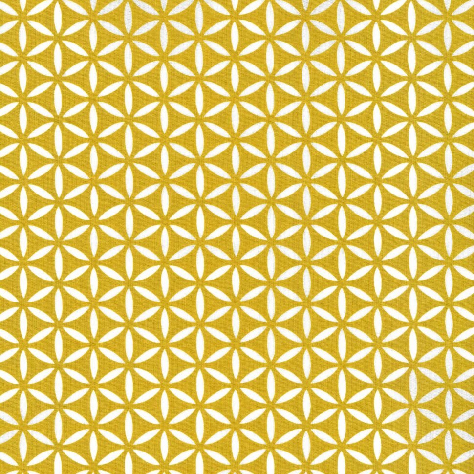 Decorative geometric pattern: white petal shapes forming a grid on a mustard-yellow background.