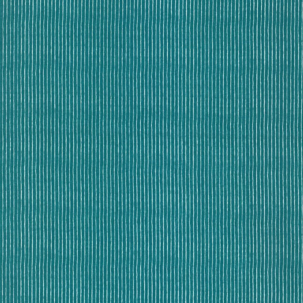 Teal fabric with evenly spaced white vertical pinstripes, close-up of textile pattern.