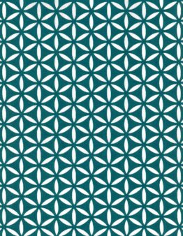 Teal fabric with a repeating white geometric flower motif formed by interlocking petal shapes