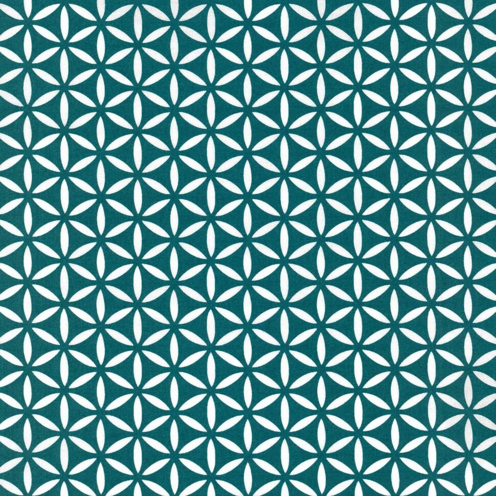 Teal fabric with a repeating white geometric flower motif formed by interlocking petal shapes