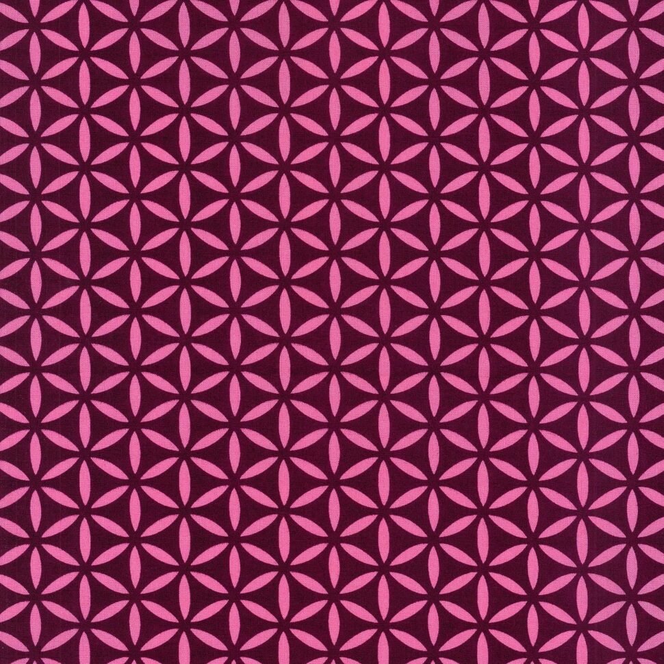 Decorative repeating pattern of pink oval petals forming circular motifs on a dark maroon background.