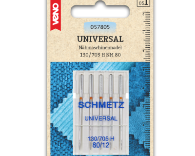 Close-up of a universal sewing-machine needle set in plastic holder on beige card with ruler on right and brand label, showing sizing 130/705 H NM 80 and blue packaging below