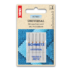 Close-up of a universal sewing-machine needle set in plastic holder on beige card with ruler on right and brand label, showing sizing 130/705 H NM 80 and blue packaging below