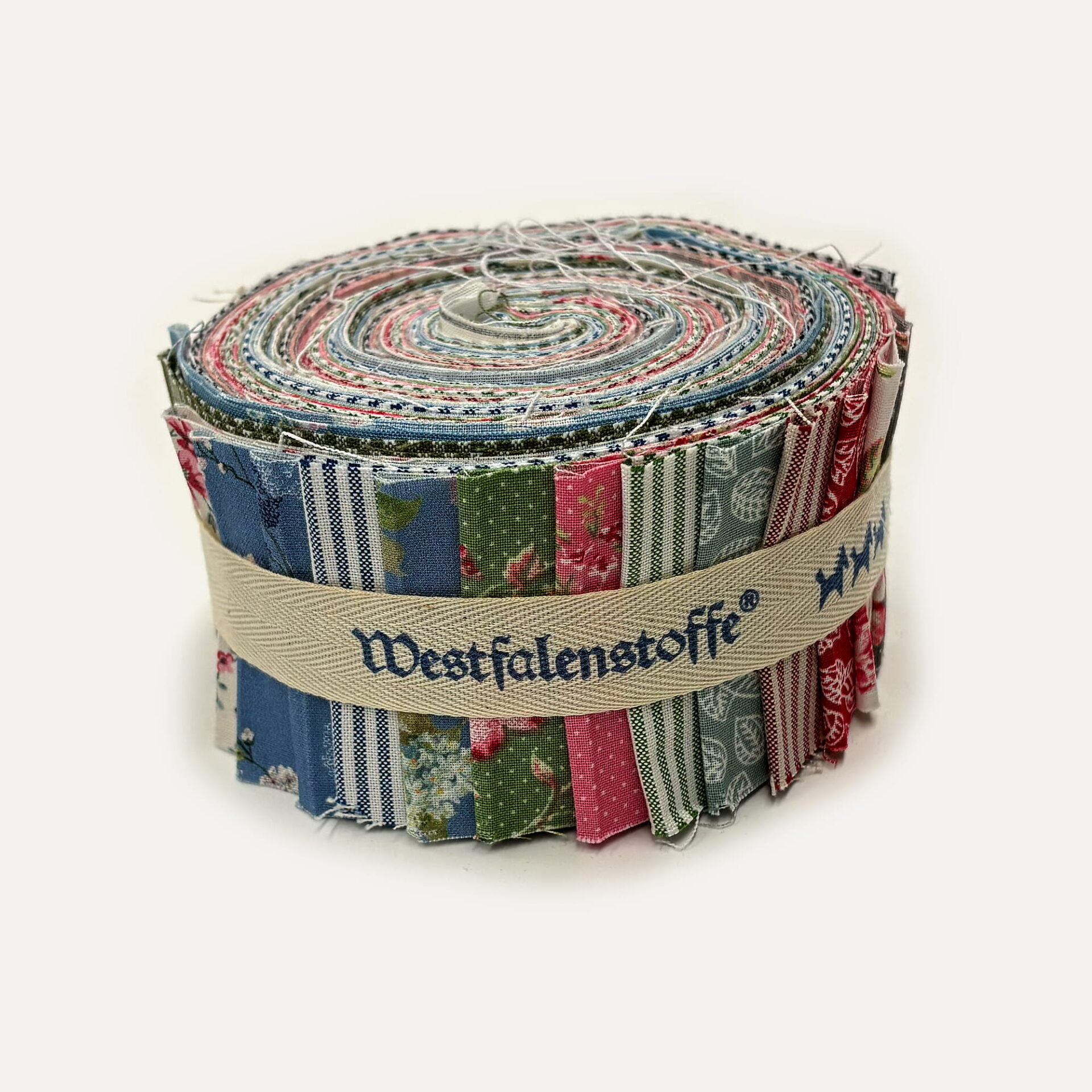 Rolled bundle of colorful fabric strips bound with a beige strap, showing various patterns and stitching details.
