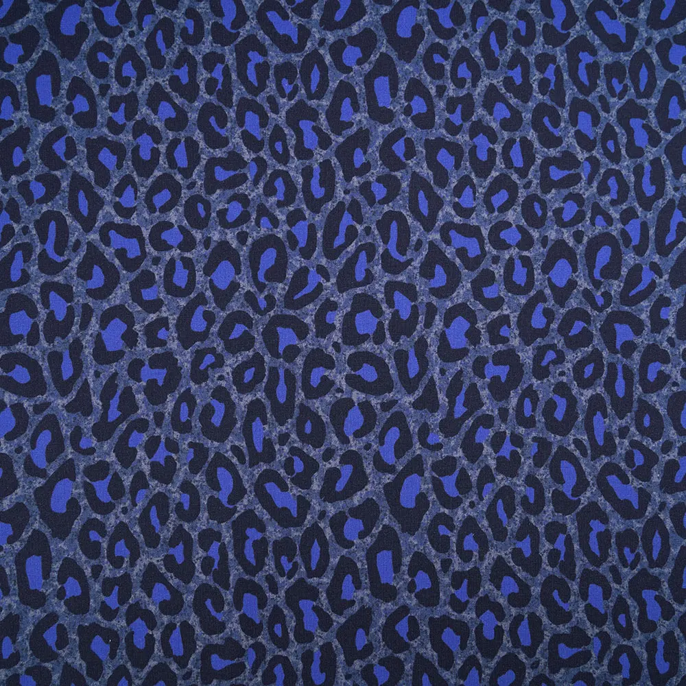 Blue leopard print pattern with irregular dark spots on a textured blue background, used as a decorative pattern.