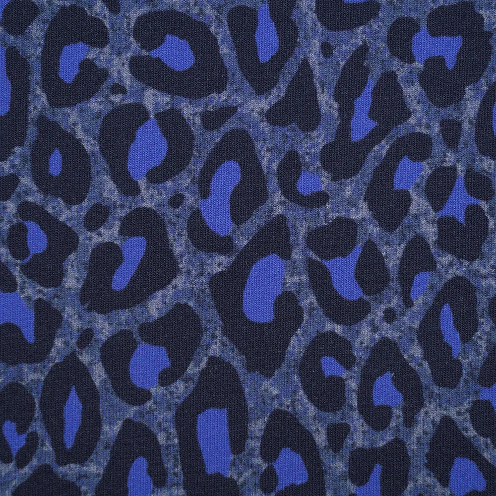 Close-up of blue and navy leopard-print fabric pattern with textured weave