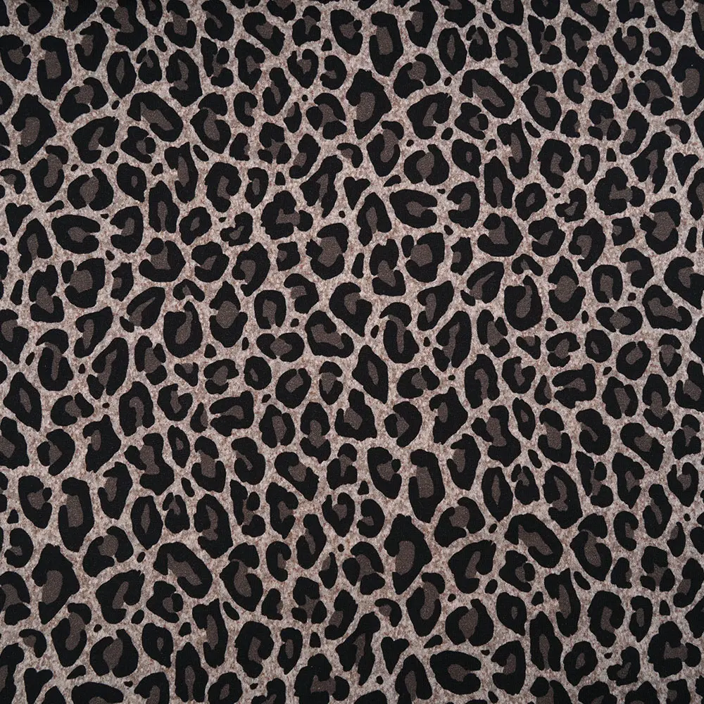 Leopard print pattern with black spots on a taupe background, repeating across the fabric design.