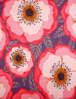 Pattern of pink and red poppies with dark centers on a purple background.