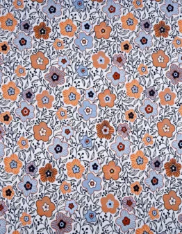 Repeating floral pattern with blue and orange flowers and dark stems on a light background.