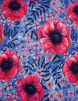 Repeating floral fabric pattern with large red-pink poppies, small pink blossoms, and dark leaves on a blue background.