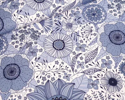 Blue and white floral fabric pattern with large blossoms and detailed leaves, in navy and light blue tones.
