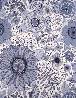 Decorative blue floral pattern featuring large petaled flowers, smaller blossoms, and leafy vines.