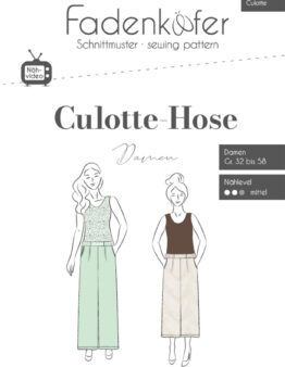 Sewing pattern cover for Culotte-Hose: two women wearing long culotte pants, sizes 32–58, Damen, with brand text above