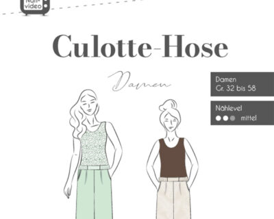 Sewing pattern cover for Culotte-Hose: two women wearing long culotte pants, sizes 32–58, Damen, with brand text above