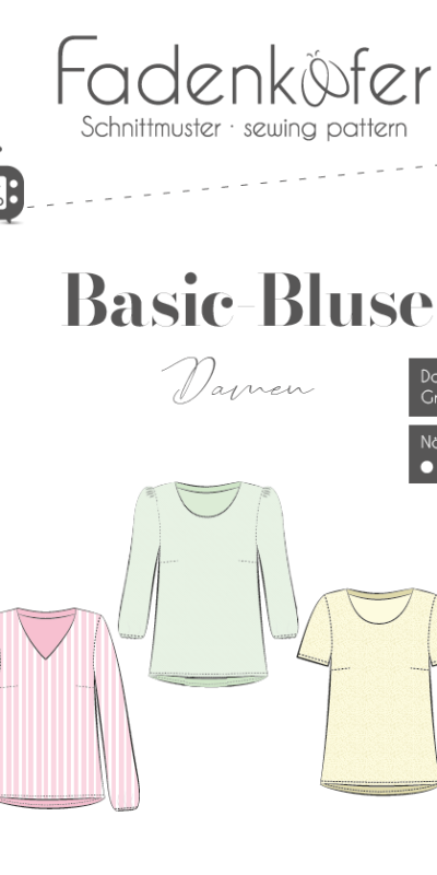Cover image for Fadenkäfer Basic-Bluse Damen sewing pattern showing three pastel blouse designs (pink striped, mint, pale yellow). Size 32–58, medium difficulty.