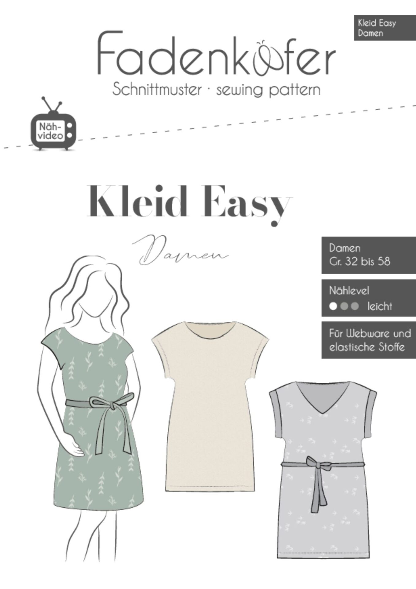 Logo and drawing of three knee-length dresses from 'Kleid Easy Damen' sewing pattern collection; green printed dress, beige dress, and grey printed dress with a belt.