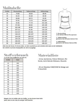 Maßtabelle mit Größen, Brustumfang, Taillenumfang und Hüftumfang sowie eine Illustration zum Maßnehmen.