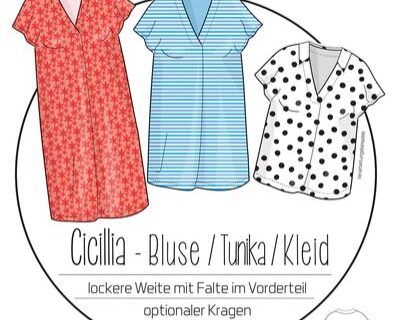 Ki-ba-doo sewing pattern cover: three women's tops (red floral, blue striped blouse, white with black polka dots) labeled Cicilia – Bluse / Tunika / Kleid.