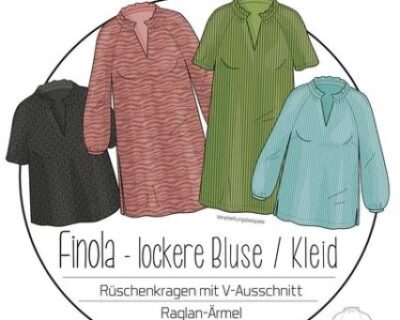 Pattern cover for ki-ba-doo Papier: four loose blouses and a dress in pink, green, teal, and black, with V-neck and raglan sleeves.
