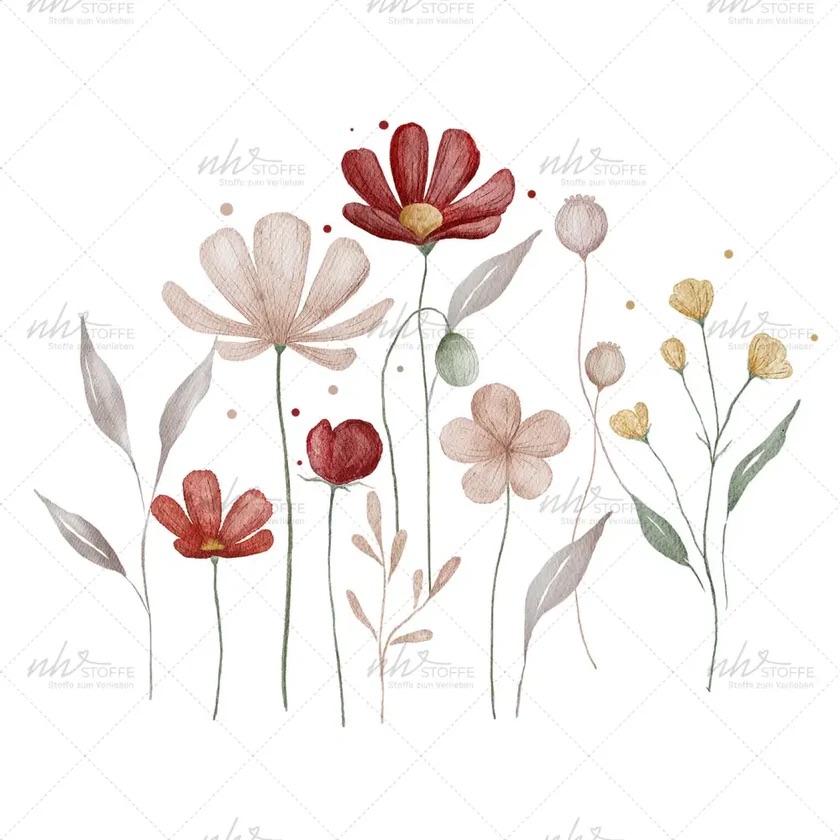 Watercolor illustration of colorful wildflowers with slender stems on a white background.