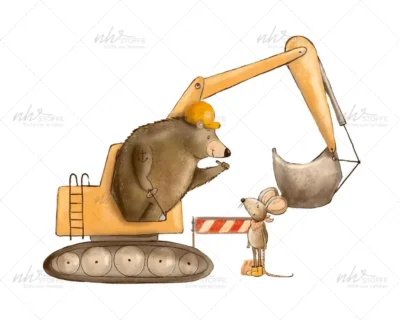 Bear in a yellow hard hat operates a yellow excavator bucket while a small mouse watches by a construction barrier.