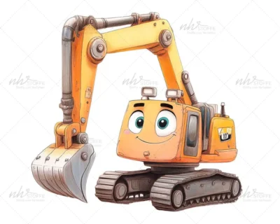 Cheerful cartoon excavator with a digging bucket on tracks, smiling face and big blue eyes