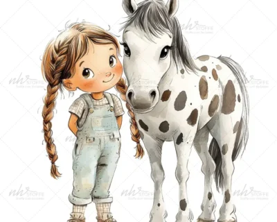 A young girl with braided hair standing beside a white-spotted pony in a friendly illustration.