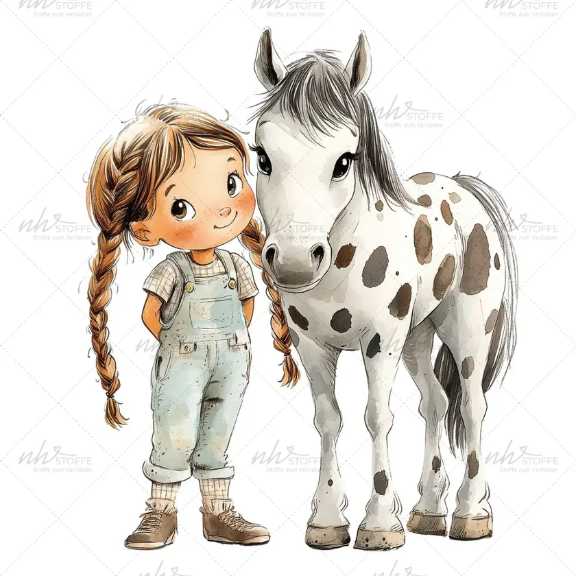A young girl with braided hair standing beside a white-spotted pony in a friendly illustration.