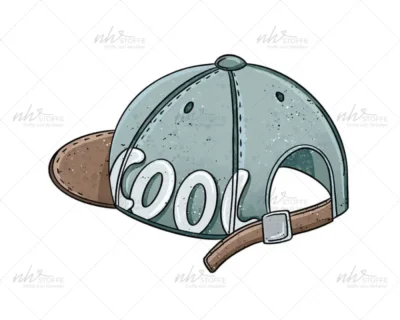 Cartoon blue-green baseball cap viewed from the back with a brown strap and the word 'cool' on the back panels, decorative stitching visible.