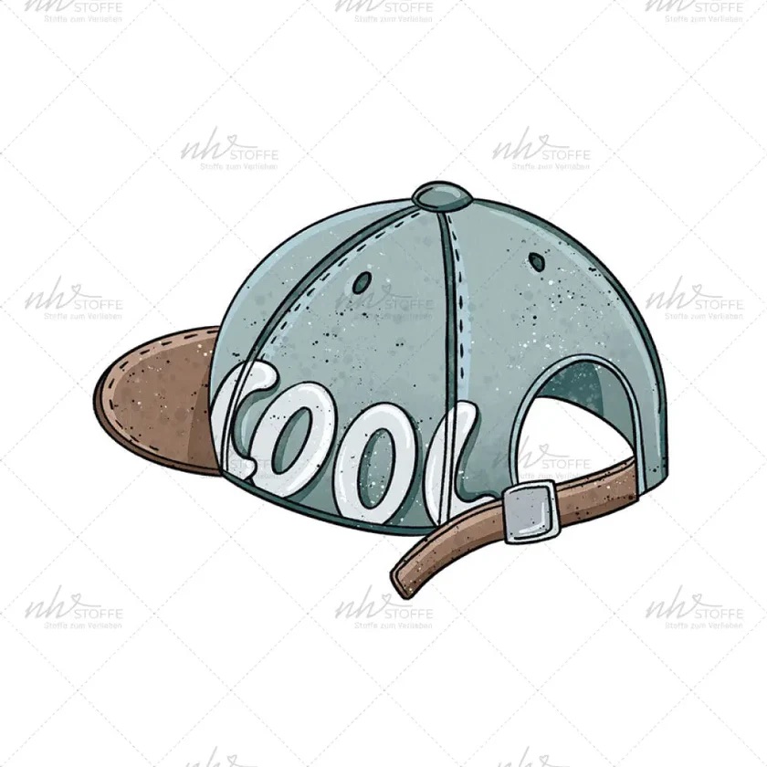 Cartoon blue baseball cap viewed from the back with a brown strap and the letters 'COOL' on the back panels.