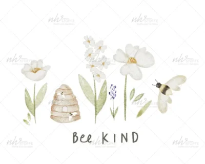 Watercolor illustration of flowers with a beehive and a bee, and the words 'Be Kind' beneath.
