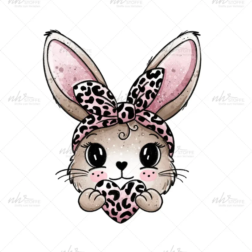 Cute cartoon bunny with a pink leopard-print bow holding a leopard-print heart.