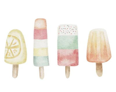 Watercolor illustration of four pastel popsicles on wooden sticks arranged in a row: lemon slice, striped rainbow, sprinkle-topped, and peach-colored popsicle.
