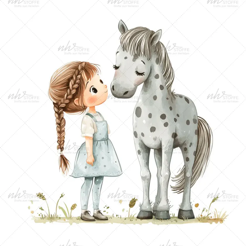 Illustration of a young girl with a braided hairdo facing a gray spotted horse, both calm and gentle."
