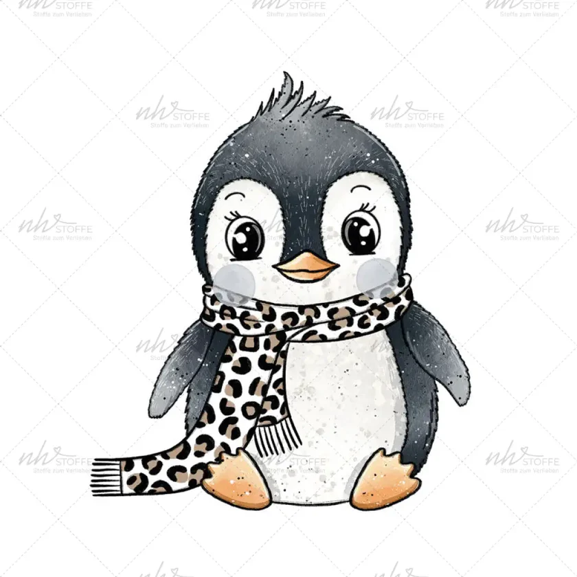 Cute cartoon penguin wearing a leopard-print scarf and orange feet, facing forward.
