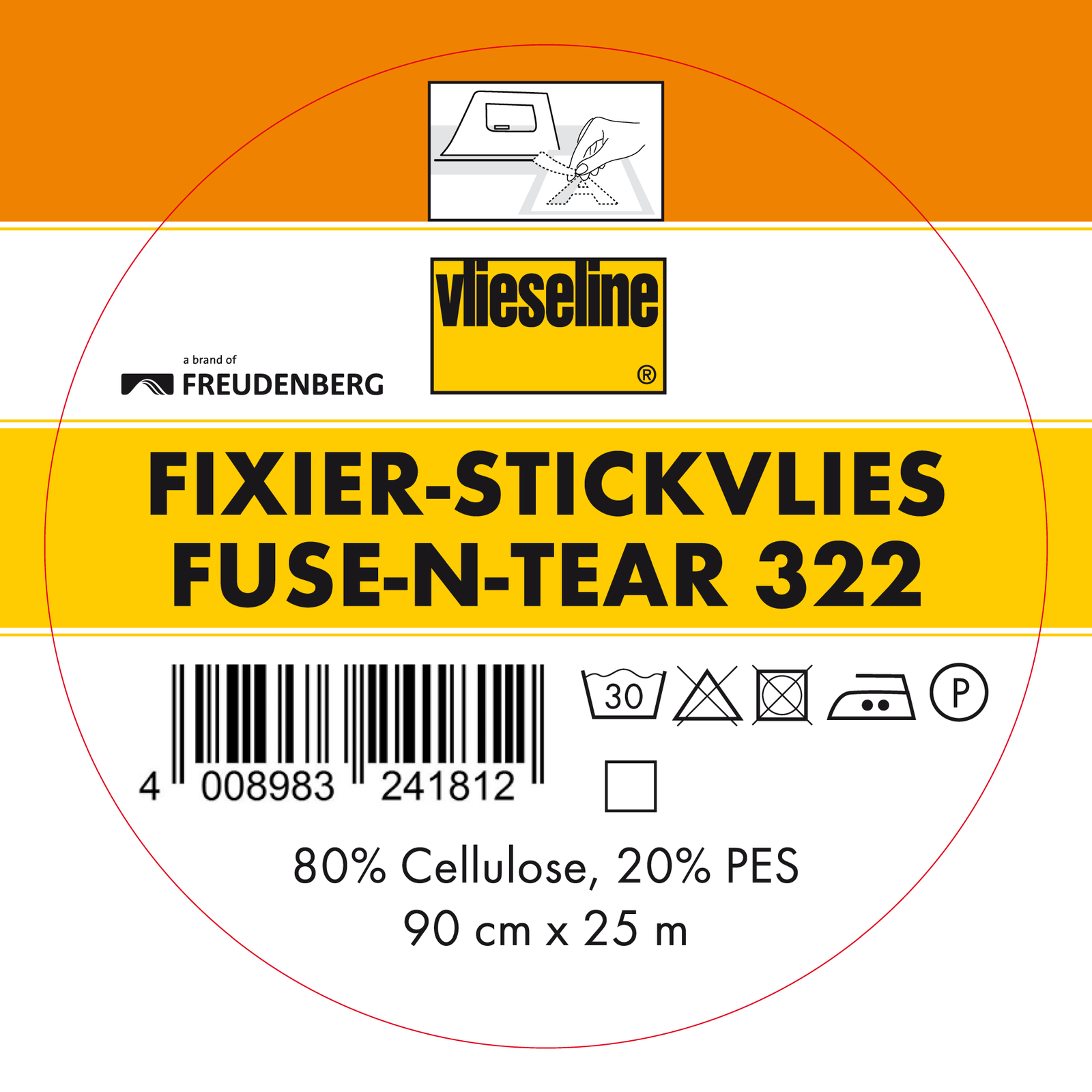 Close-up of a product label: bold 'vieseline' on a yellow block, barcode below, and Freudenberg branding on white background with orange accents.