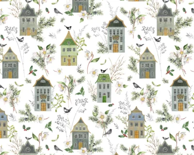 Baumwollstoff-Stoff 3523-959 Häuser und Wintergrün von Acufactum